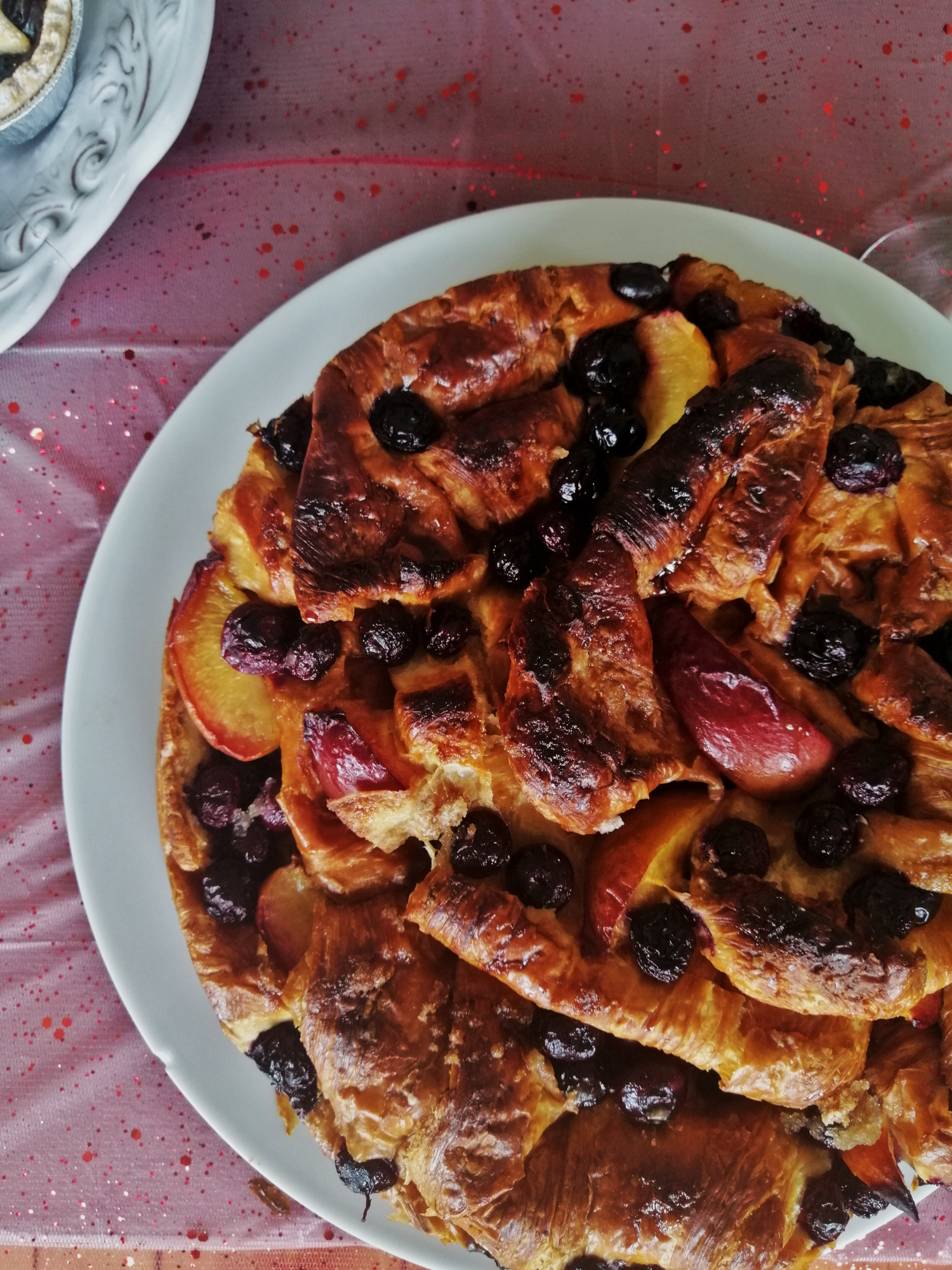 Nectarine and blueberry croissant cake