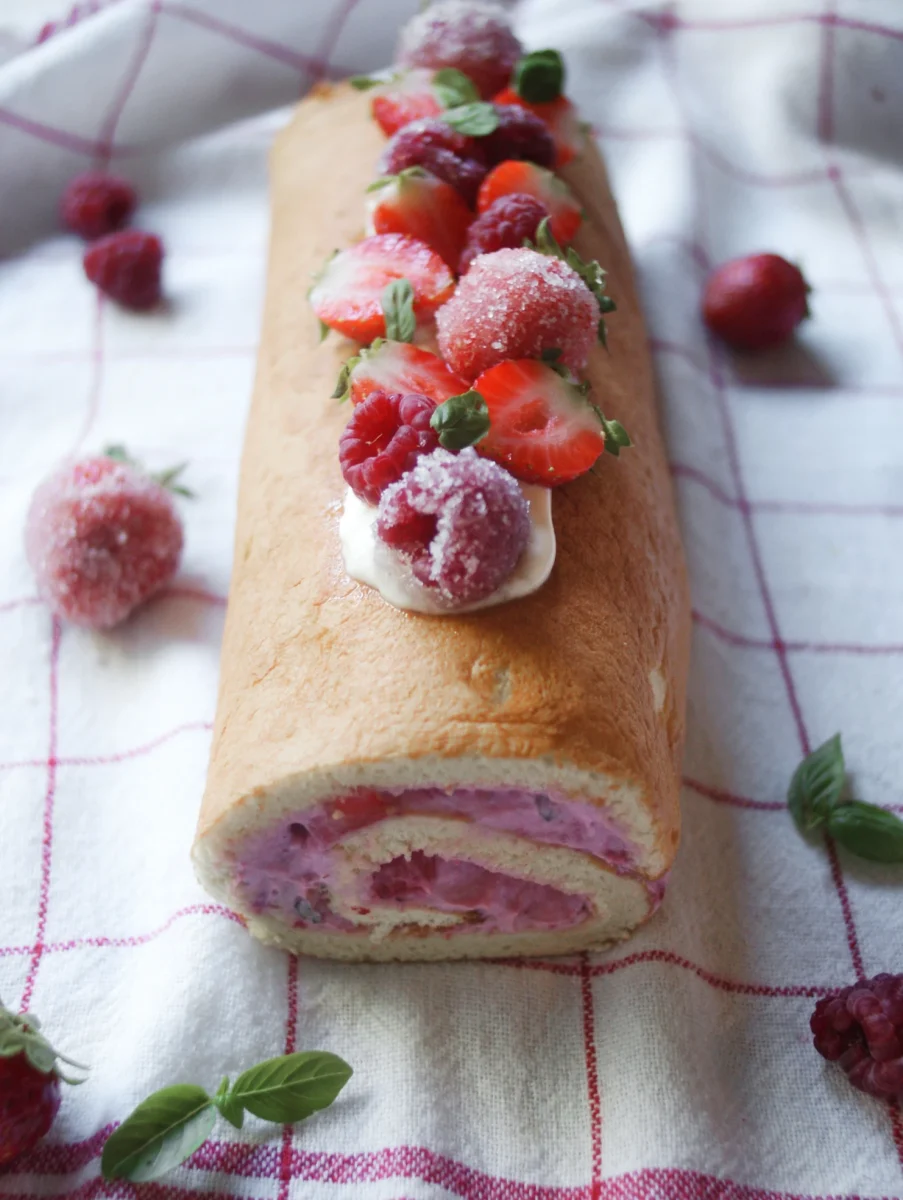 raspberry, strawberry, basil roulade nigella eats everything easy elevenses